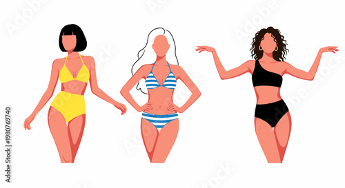 Diverse women confidently posing in stylish swimwear, a vibrant illustration celebrating body positivity, unique beauty, and summer fashion across different female figures