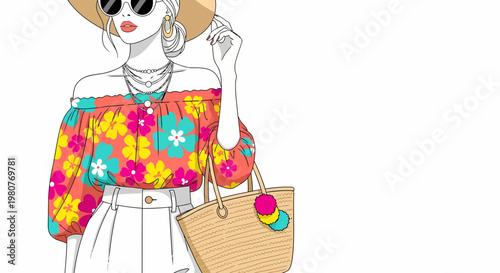 Stylish Woman in Off-the-Shoulder Blouse and Sun Hat Carrying a Beach Bag, Summer Fashion Illustration