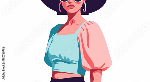 Stylish woman in fashionable clothing and hat, looking cool with sunglasses