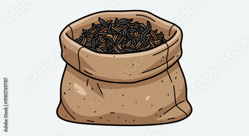 A burlap sack brimming with dried, dark, irregular-shaped ingredients