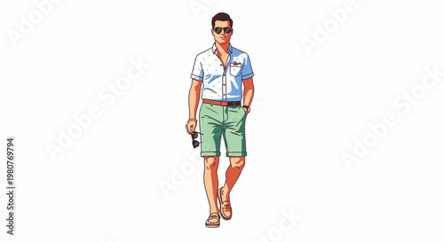 A stylish young man confidently walks in casual summer attire, showcasing modern fashion with sunglasses, perfect for warm weather concepts and seasonal trends and easygoing vibes