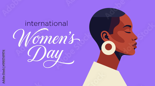 International Women's Day Poster with Profile of Black Woman on Purple Background - Empowered Female Character Illustration
