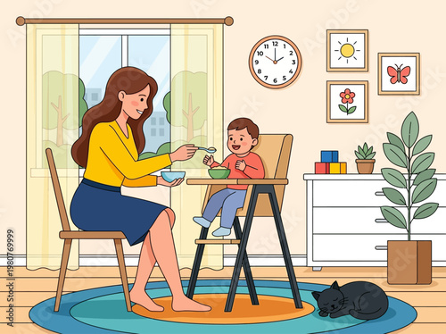 Mother Feeding Toddler in High Chair at Home Vector Illustration