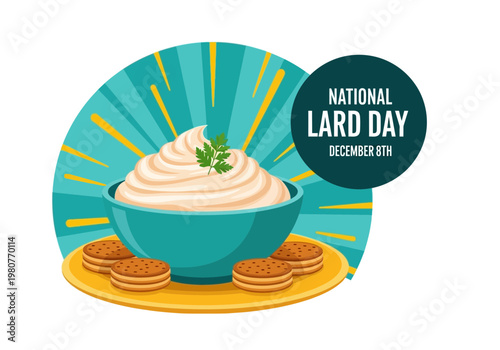 National lard day illustration with bowl of lard and crackers on yellow plate