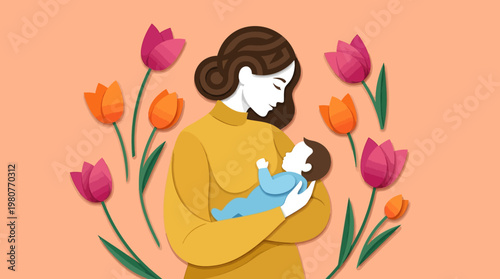 Mother's Day Paper Cut Illustration of a Mother Cradling her Newborn Baby Surrounded by Pink and Orange Tulips