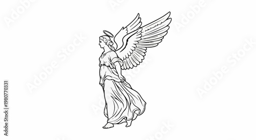 A black and white line drawing of a winged figure with a halo