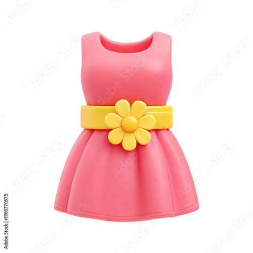 Pink Dress with Yellow Belt and Daisy Flower 3d icon in cartoon plastic style minimal isolated on transparent background