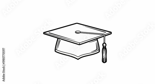 A black and white illustration of a graduation cap with a tassel