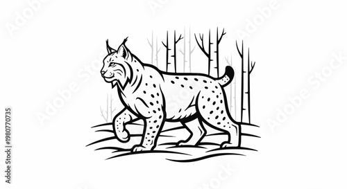 A black and white illustration of a lynx walking through a sparse forest