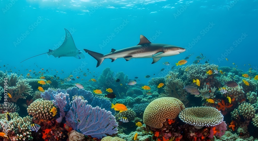 Fototapeta premium Vibrant coral reef scene with shark and ray swimming amidst colorful fish and sea anemones underwater.