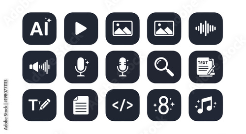 Collection of black and white icons representing media, communication, and technology symbols for digital interface