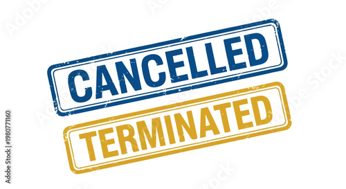 Close-up of two rubber stamps with the words Cancelled and Terminated in blue and orange ink, symbolizing rejection