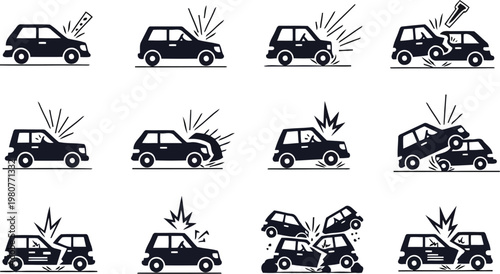 Car crash silhouette icons representing various vehicle collisions