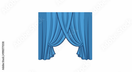 A blue stage curtain is drawn back, revealing an opening