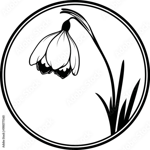 A monochrome circular illustration featuring a snowdrop flower with a curved stem and leaves