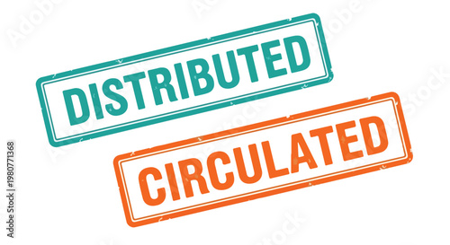 Illustration of two stamped labels showing distributed and circulated in green and orange colors for logistics