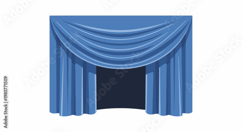 A blue theatrical curtain is drawn open, revealing a dark stage