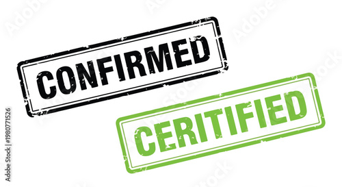 Close-up of two rubber stamps with confirmed and certified text in black and green ink on white background