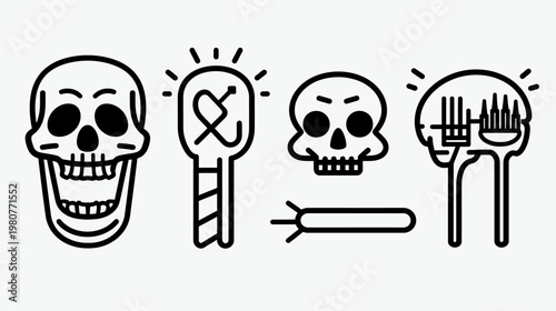 Line art illustration of skulls, lightbulb, and brain with simple black lines