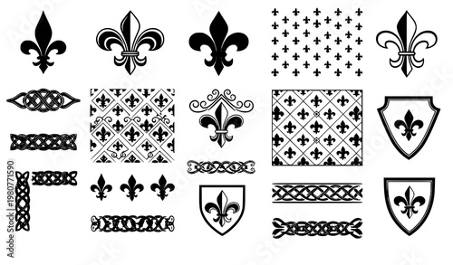 Fleur de lis ornament pattern set royal floral vector design
