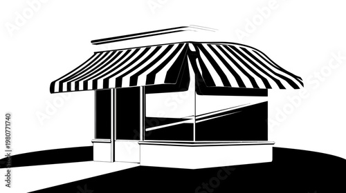 A monochrome illustration of a commercial structure with a striped awning and reflective windows