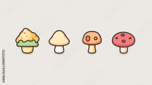 Row of four simple, stylized mushroom icons in shades of beige, orange, green, and red
