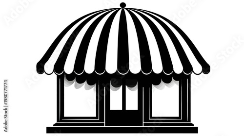 A stylized black and white illustration of a small shop with striped awning and doors