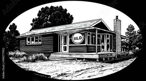A black and white illustration of a house on a lot, "SOLD" sign in the window