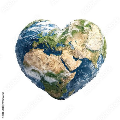 heart shaped earth with continents isolated on transparent background