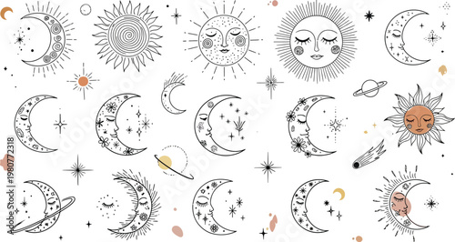 Celestial hand drawn design moon phases mystical faces seamless pattern