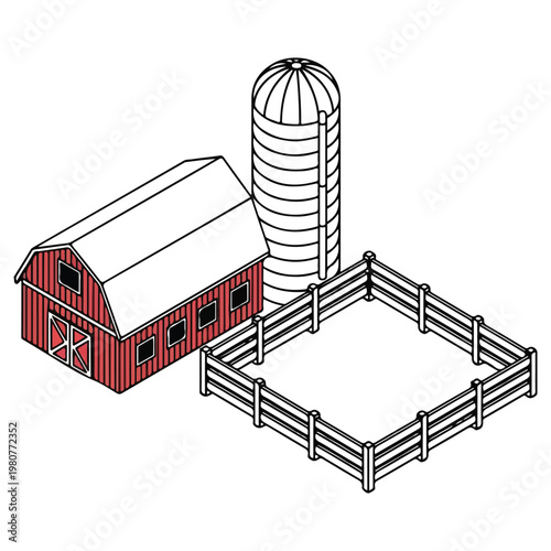 Isometric farm barn with silo and wooden fence line art vector illustration, rural countryside landscape with agriculture buildings for farming and livestock concepts