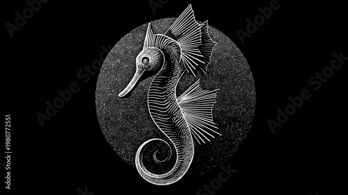 A detailed white line-art illustration of a seahorse, set against a stippled, spherical background