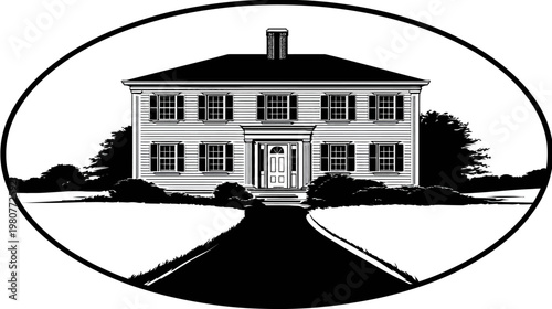 A detailed black and white illustration of a classic colonial house with trees and a driveway