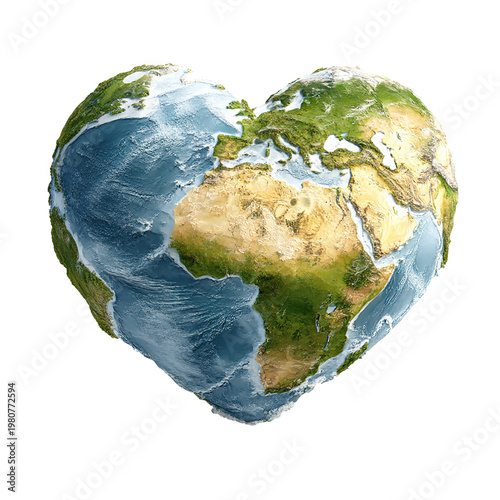 heart shaped earth with continents isolated on transparent background
