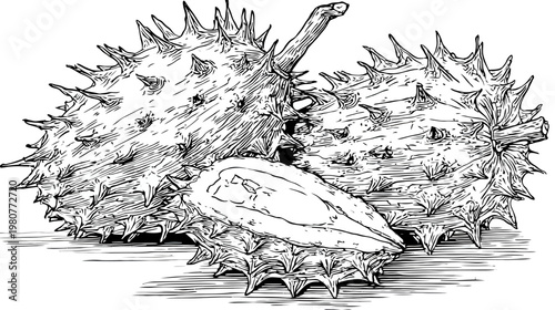 Detailed black and white illustration of spiky, textured fruits, one cut open to reveal a seed