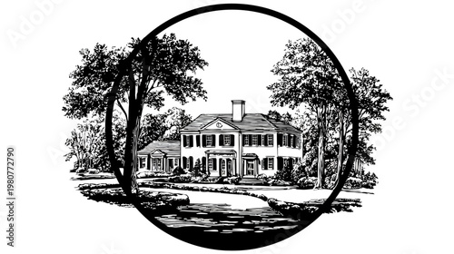 A classic, detailed illustration of a large house framed by trees, encircled by a black circle