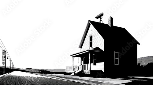 Monochrome illustration of a house with an observatory on the roof, roadside view