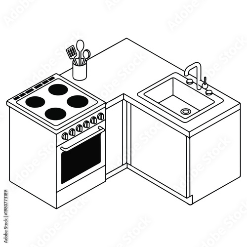 Isometric Kitchen Counter with Stove and Sink Vector - Minimalist Line Art of a Modern L-Shaped Kitchenette - Home Interior Cooking Area Illustration
