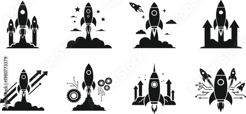Rocket Launch Icon Set for Startup Growth, Innovation and Product Launch.