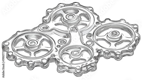 A detailed line art illustration of a mechanical component, showcasing gears, bearings, and structural elements