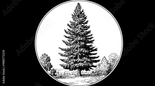An oval, black and white illustration shows a large evergreen tree within a border, two smaller trees