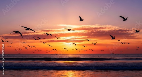 Flock of birds flying over serene beach at vibrant sunset with ocean waves