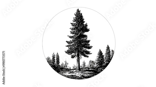 A black and white illustration of a forest scene inside a circle. The large central tree dominates