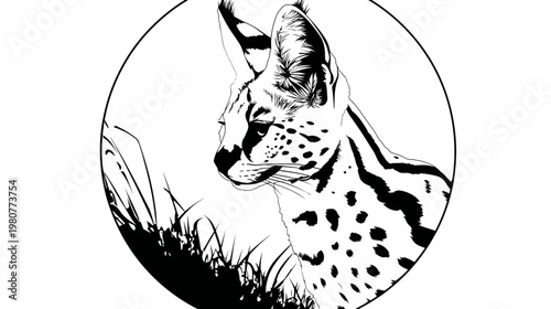 A striking black and white portrait of a spotted cat in a circular frame, with grass