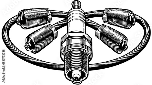 Black and white illustration of an automotive spark plug with four connected terminals and a circular cable