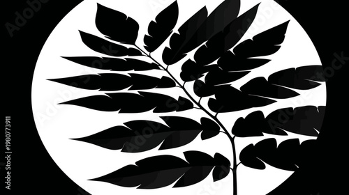 Silhouetted botanical illustration of a leafy branch with elliptical background, in graphic design style