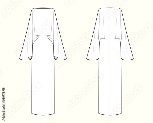 Women's Elegant Cape-Sleeve Maxi Abaya Flat Sketch Dress Technical Fashion Flat Sketch Outline