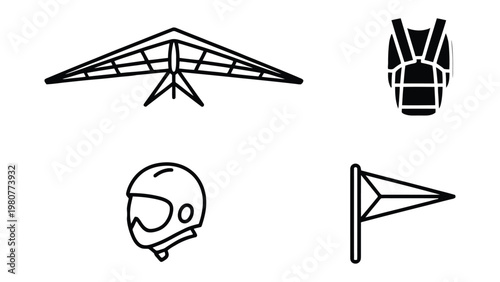 Gliding Essentials Icons: A collection of simple, black and white illustrations showcasing essential equipment for the adventurous sport of gliding, inviting viewers to take to the skies.