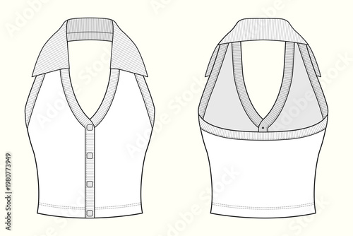 Women’s Ribbed Halter Collar Button-Front Knit Top Blouse Technical Flat Sketch Outline