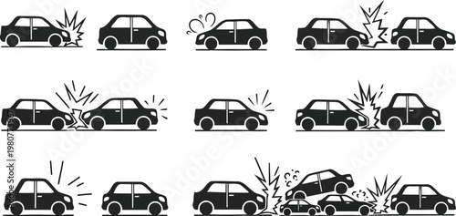 Car accident and traffic crash black silhouette vector icon set